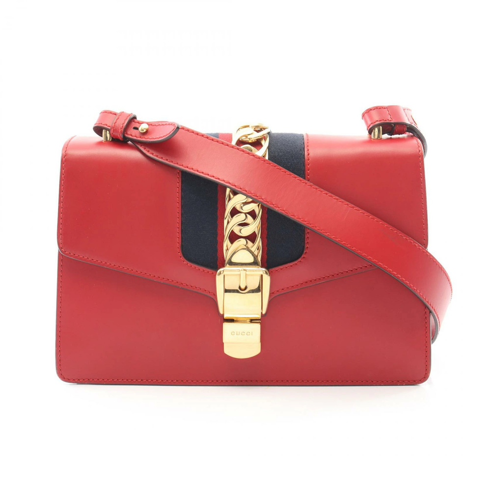 Gucci Sylvie Web Shoulder Bag Leather Red Navy Blue